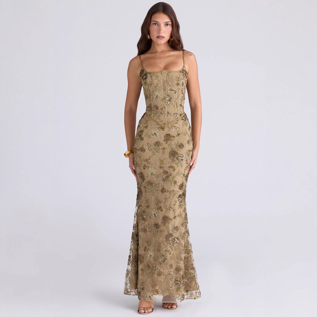 Damen nan elegantes besticktes Abendkleid mit Korsettoberteil und transparentem Spitzenüberzug - Vittorelli