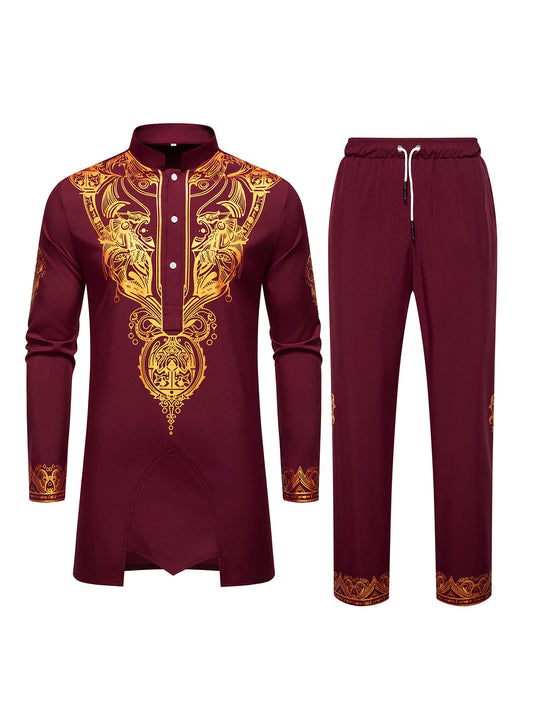 Herren Ornamentales Tunika-Set mit Stehkragen, Halbknopfleiste und goldverziertem Print Nord Taschen