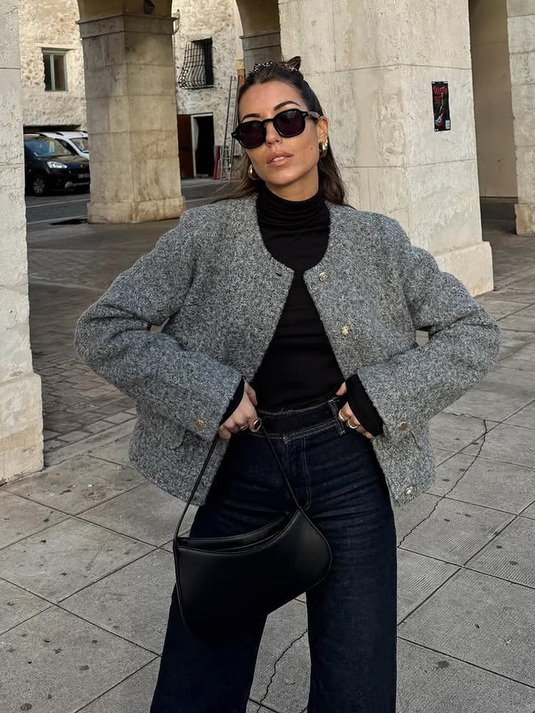 Damen Boxy Wollmix-Boucléjacke im Cabanstil mit Rundhalsausschnitt & goldfarbenen Zierknöpfen Nord Taschen