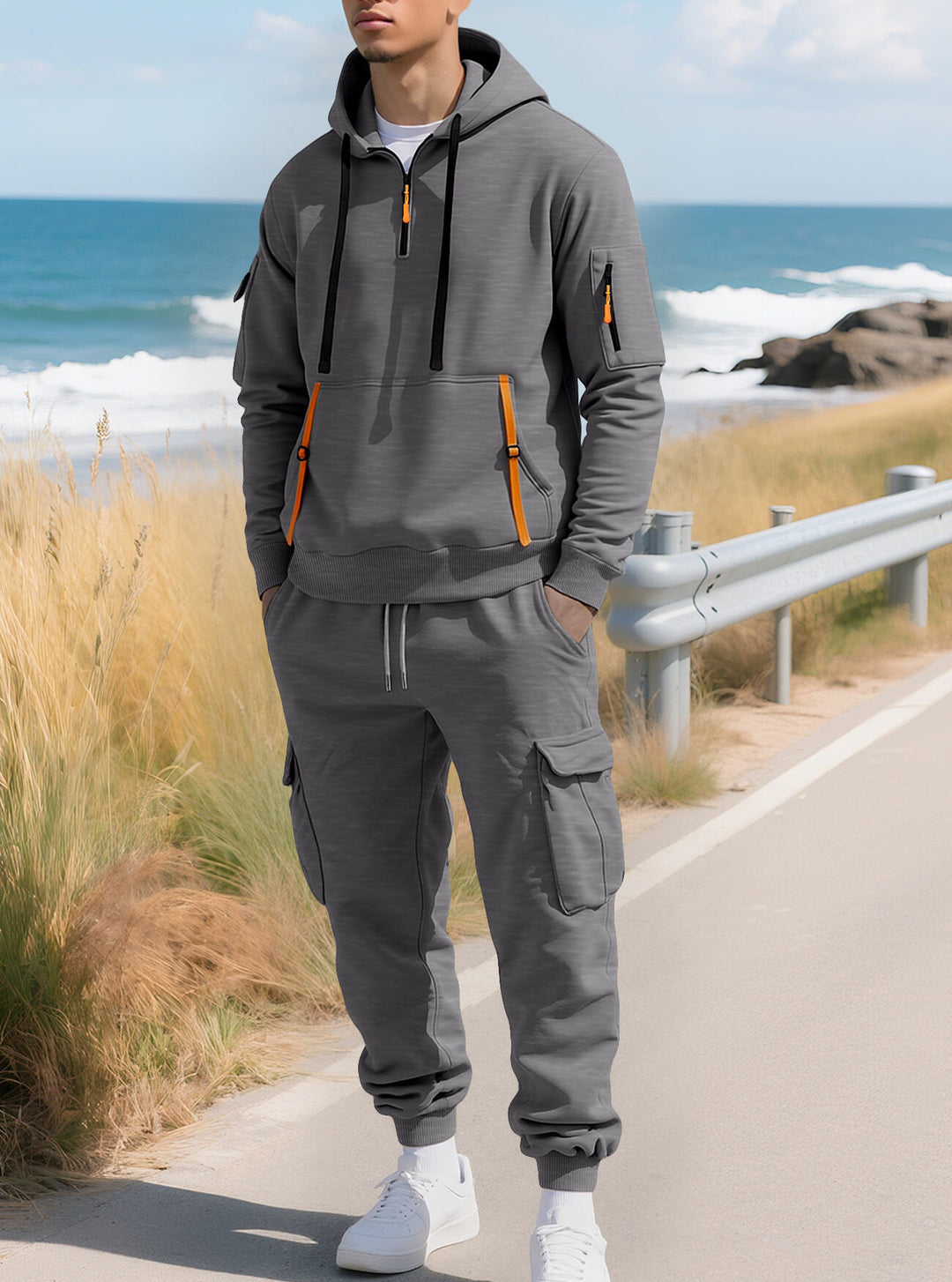 Herren Kapuzensweatshirt mit Utility-Taschen, Halbzip und kontrastierenden Reißverschlüssen Nord Taschen