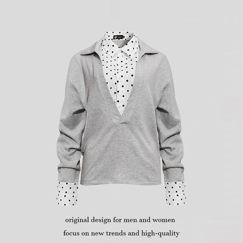 Damen Lagen-Langarmshirt mit tiefem V-Ausschnitt, angenähter Hemdblende und Polka-Dot-Details Nord Taschen