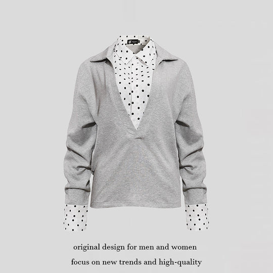 Damen Lagen-Langarmshirt mit tiefem V-Ausschnitt, angenähter Hemdblende und Polka-Dot-Details Nord Taschen