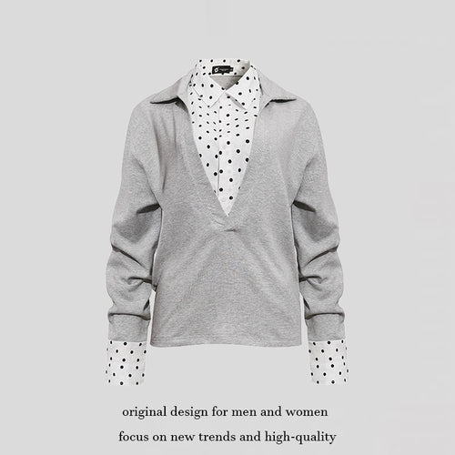 Damen Lagen-Langarmshirt mit tiefem V-Ausschnitt, angenähter Hemdblende und Polka-Dot-Details Nord Taschen
