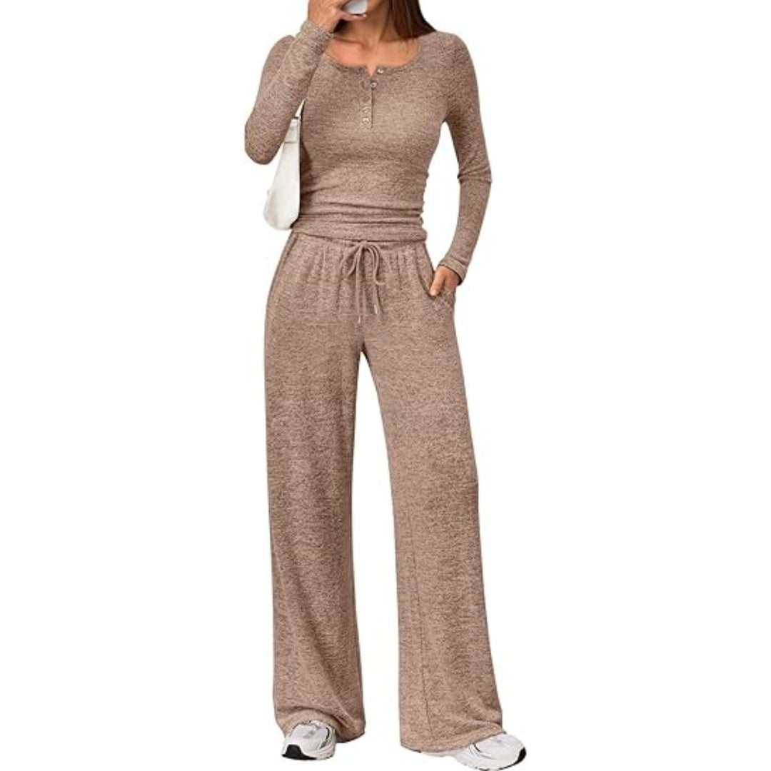 Damen Zweiteiliges Feinstrick-Lounge-Set mit Henley-Top und Palazzo-Hose Nord Taschen