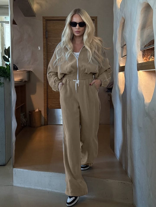Damen kurzes Samt-Zip-Hoodie mit Tunnelzug und fließender Palazzo-Jogginghose Nord Taschen