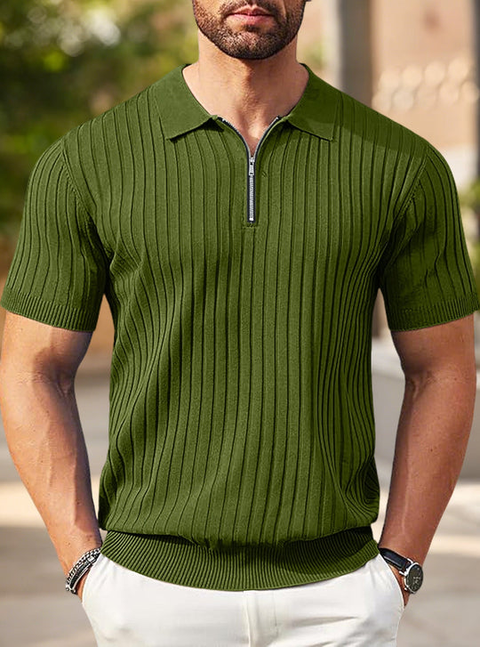 Herren nan elegantes strukturiertes Kurzarm-Strickpolo mit kurzem Metallreißverschluss und Hemdkragen