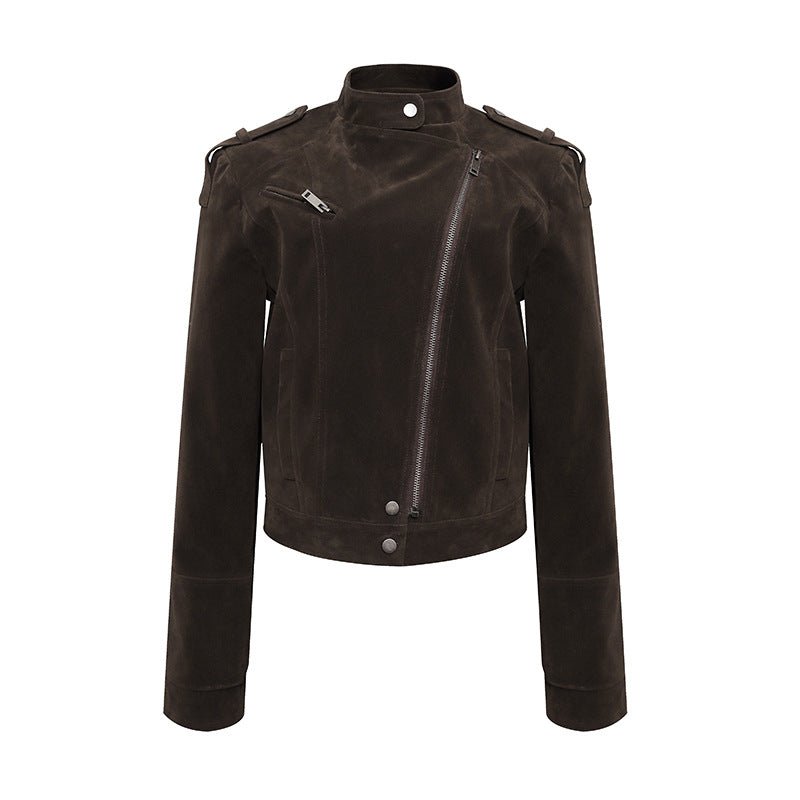 Damen Kurze Veloursleder-Bikerjacke mit asymmetrischem Reißverschluss und Stehkragen Nord Taschen