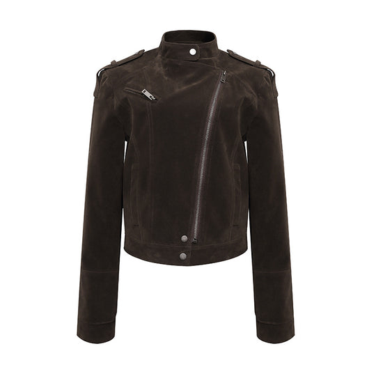 Damen Kurze Veloursleder-Bikerjacke mit asymmetrischem Reißverschluss und Stehkragen Nord Taschen