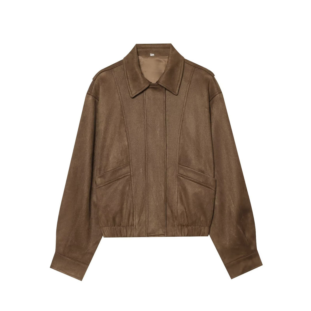 Damen Kurzer Boxy‑Blouson in Velourslederoptik mit Pattentaschen Nord Taschen