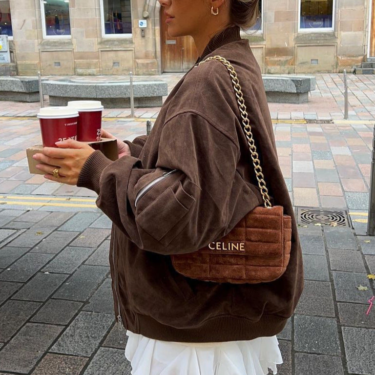 Damen Oversize-Suede-Bomberjacke mit Reißverschluss & gerippten Bündchen Nord Taschen
