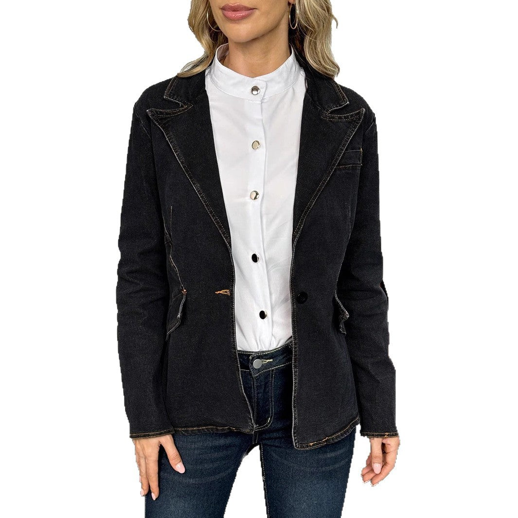 Damen taillierter Denim-Blazer mit Ziernähten und Pattentaschen Nord Taschen