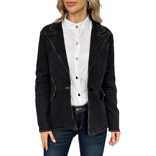 Damen taillierter Denim-Blazer mit Ziernähten und Pattentaschen Nord Taschen