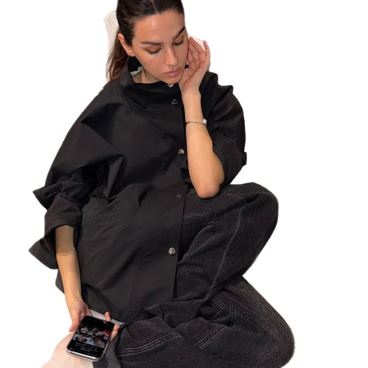 Damen Oversize-Hemdjacke mit Stehkragen, kastiger Silhouette und Druckknopf-Leiste Nord Taschen