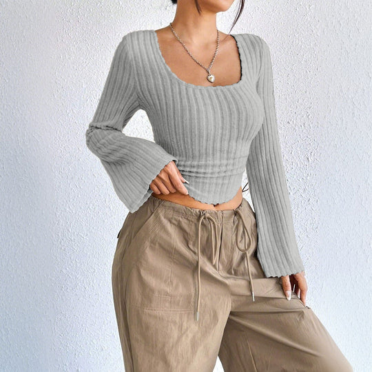 Damen geripptes Crop-Top mit quadratischem Ausschnitt, gewelltem Saum und ausgestellten Ärmeln Nord Taschen