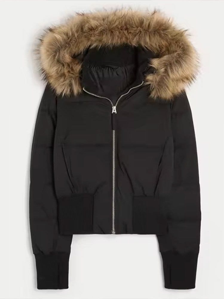 Damen Kurz-Steppjacke im Bomberstil mit abnehmbarer Kunstfellkapuze Nord Taschen