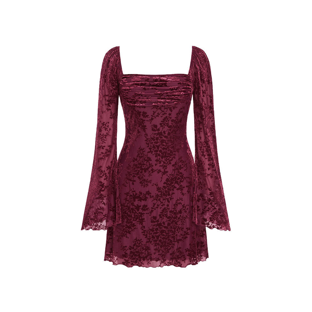 Damen Samt-Minikleid mit quadratischem Ausschnitt, gerafftem Bustier und ausgestellten Ärmeln Nord Taschen
