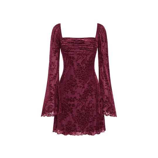 Damen Samt-Minikleid mit quadratischem Ausschnitt, gerafftem Bustier und ausgestellten Ärmeln Nord Taschen