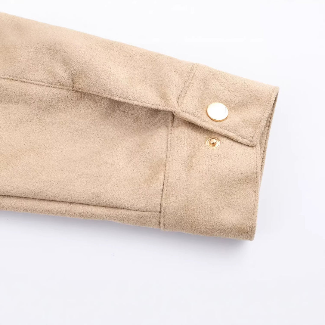 Damen Kurze Wildlederoptik-Jacke mit Stehkragen und Druckknopfleiste Nord Taschen