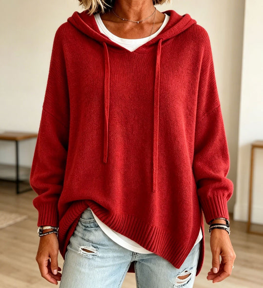 Damen Oversize-Kapuzensweater aus feinem Strick mit gerippten Bündchen Nord Taschen