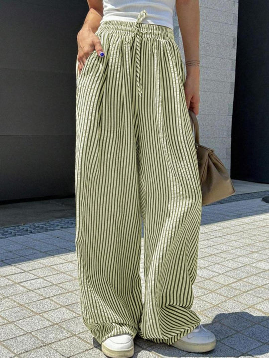 Damen Marlene-Streifenhose aus Leinenmix mit weitem Bein, Elastikbund und Kordelzug Nord Taschen