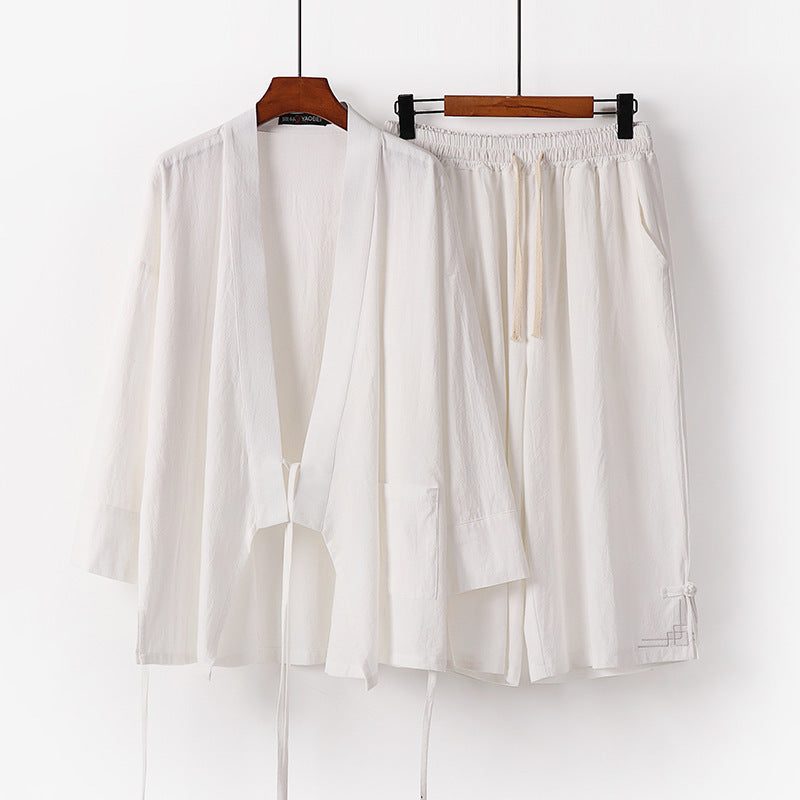 Damen Zen-Kimono-Lounge-Set aus atmungsaktivem Baumwollmix mit Bindebandjacke und weiten Culotte-Hose Nord Taschen