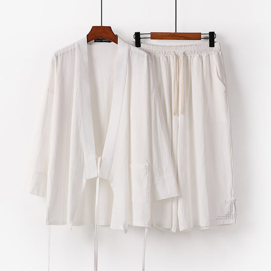 Damen Zen-Kimono-Lounge-Set aus atmungsaktivem Baumwollmix mit Bindebandjacke und weiten Culotte-Hose Nord Taschen