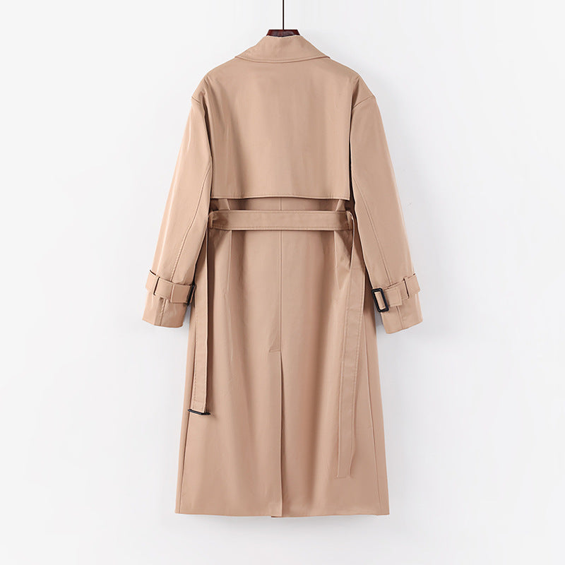 Damen Langer taillierter Trenchcoat mit Bindegürtel und weitem Schalkragen Nord Taschen