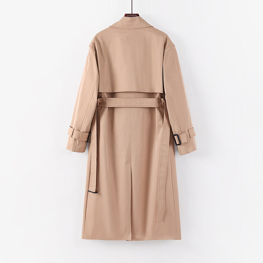 Damen Langer taillierter Trenchcoat mit Bindegürtel und weitem Schalkragen Nord Taschen
