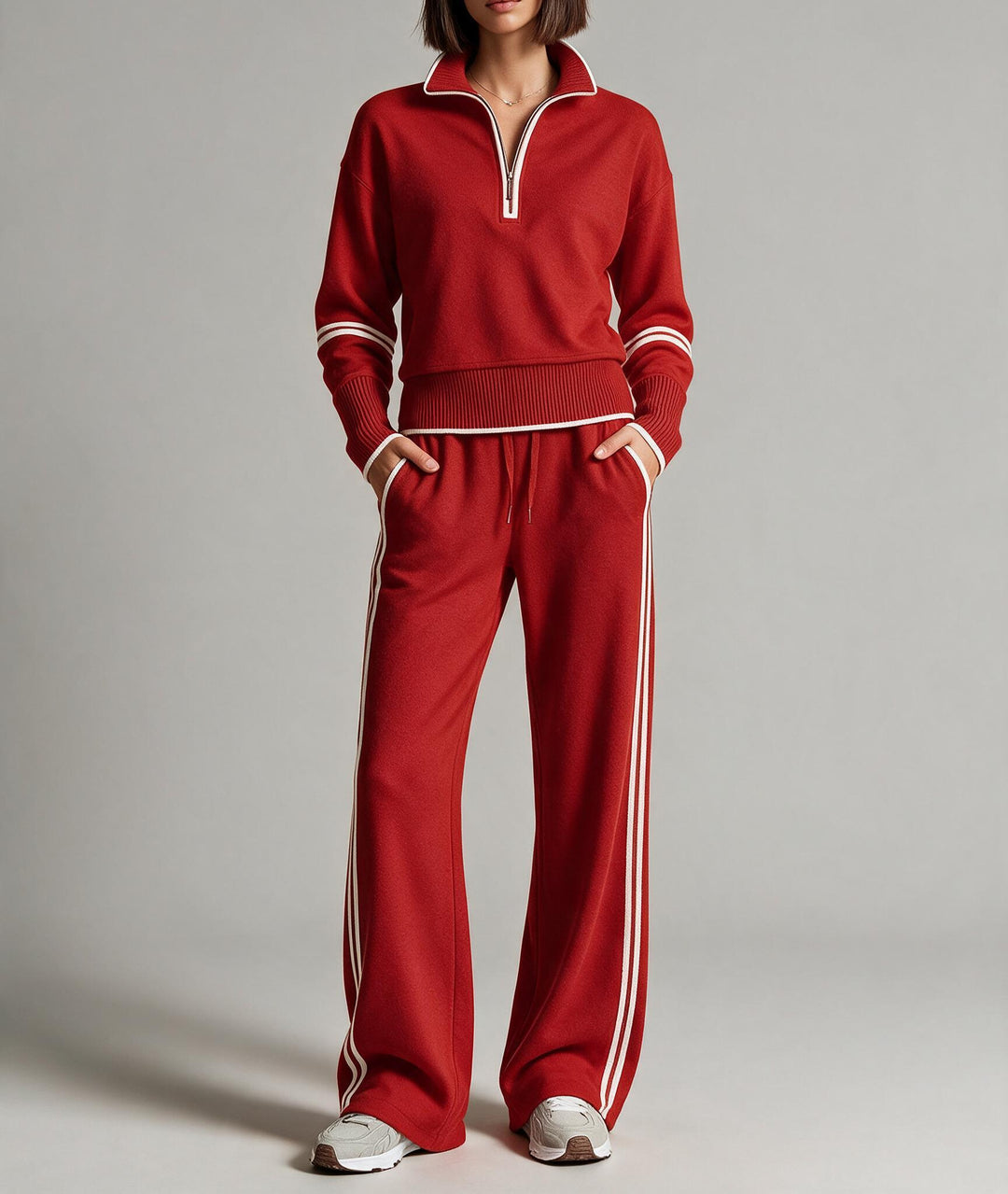 Damen Komfortables Strick-Jogging-Set mit Stehkragen, halbem Reißverschluss und Kontraststreifen Nord Taschen
