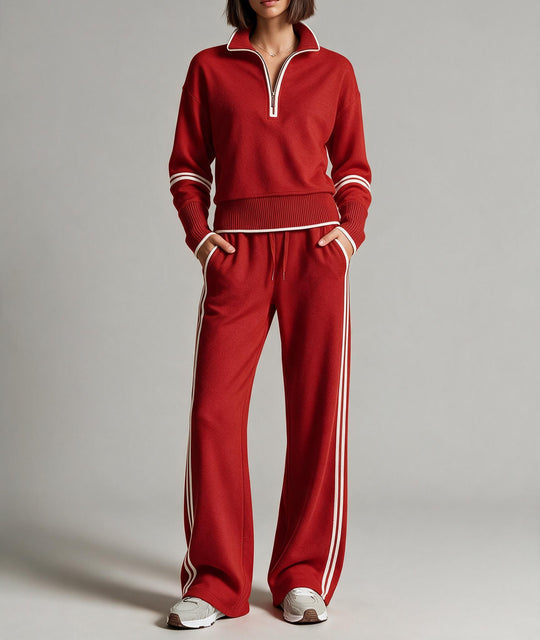 Damen Komfortables Strick-Jogging-Set mit Stehkragen, halbem Reißverschluss und Kontraststreifen Nord Taschen