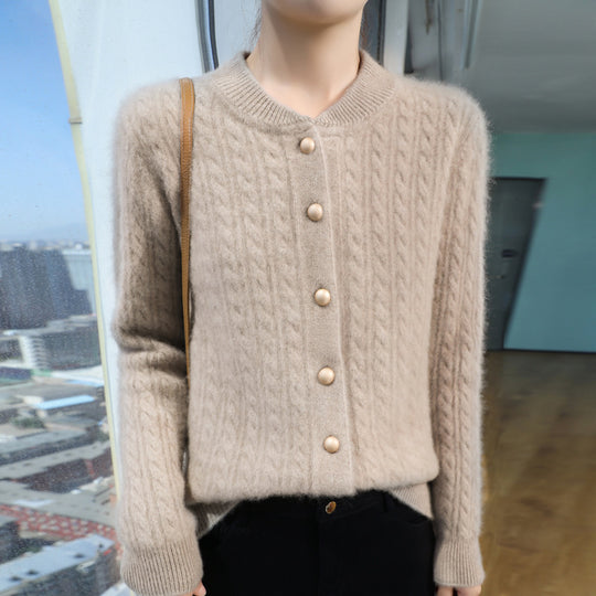 Damen Leichter Zopfstrick-Cardigan in Mohair‑Optik mit dekorativen Perlmuttknöpfen Nord Taschen