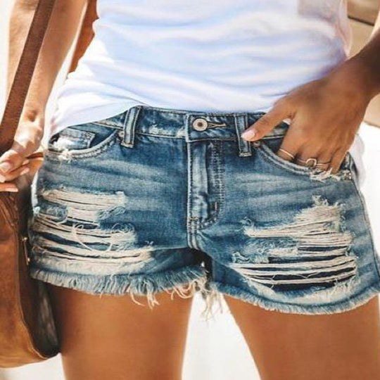 Damen trendige Destroyed Denim-Shorts mit ausgefransten Säumen und modischen Rissdetails