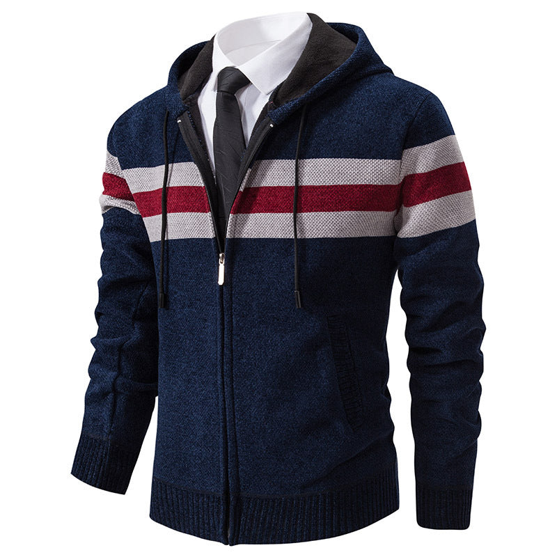 Herren Gestrickte Kapuzen-Strickjacke mit Kontraststreifen und Reißverschluss Nord Taschen