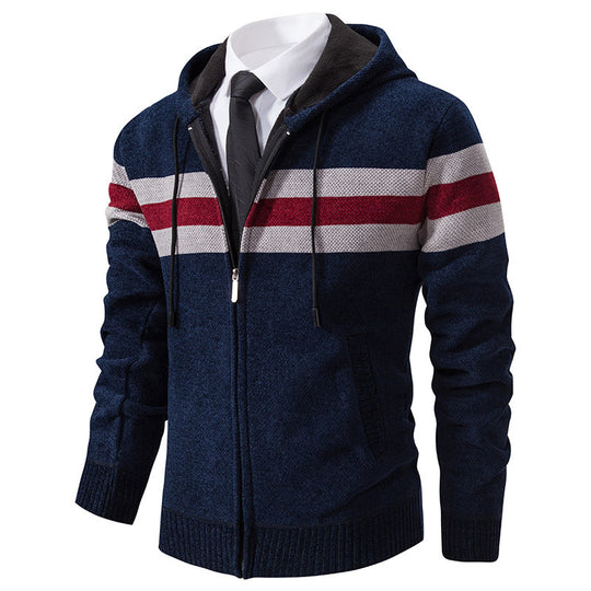 Herren Gestrickte Kapuzen-Strickjacke mit Kontraststreifen und Reißverschluss Nord Taschen