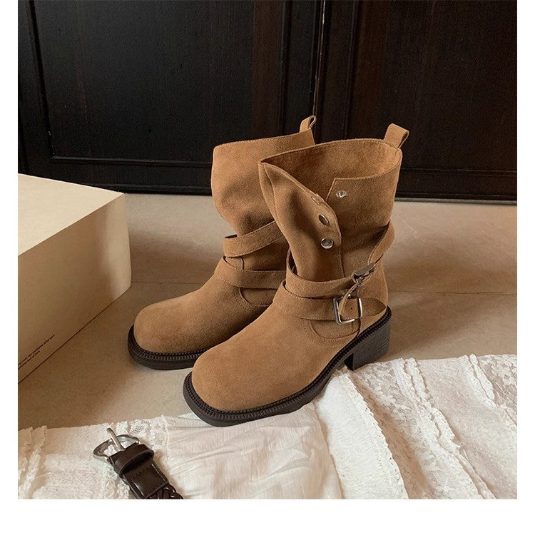 Damen Veloursleder-Bikerstiefel mit Schnallen und mittlerem Blockabsatz Nord Taschen