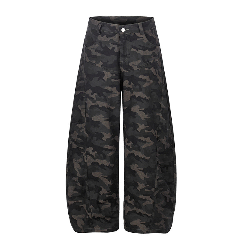 Damen Weite Camouflage-Palazzo-Hose mit hohem Bund, Gürtelschlaufen und ballonförmigem Bein Nord Taschen
