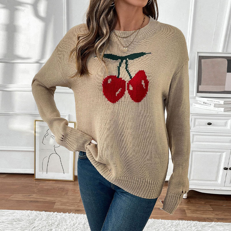 Damen Lässiger Pullover mit Kirschapplikationen Nord Taschen