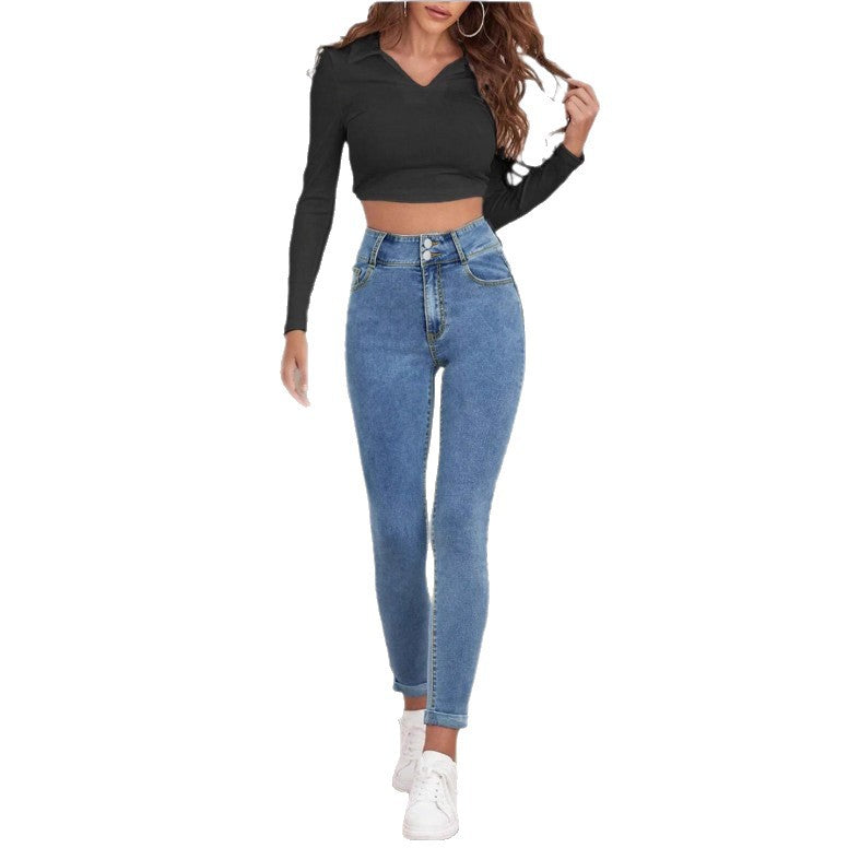 Damen Hochgeschnittene Sculpting-Skinny-Jeans mit Doppelknopf und Umschlag-Detail Nord Taschen