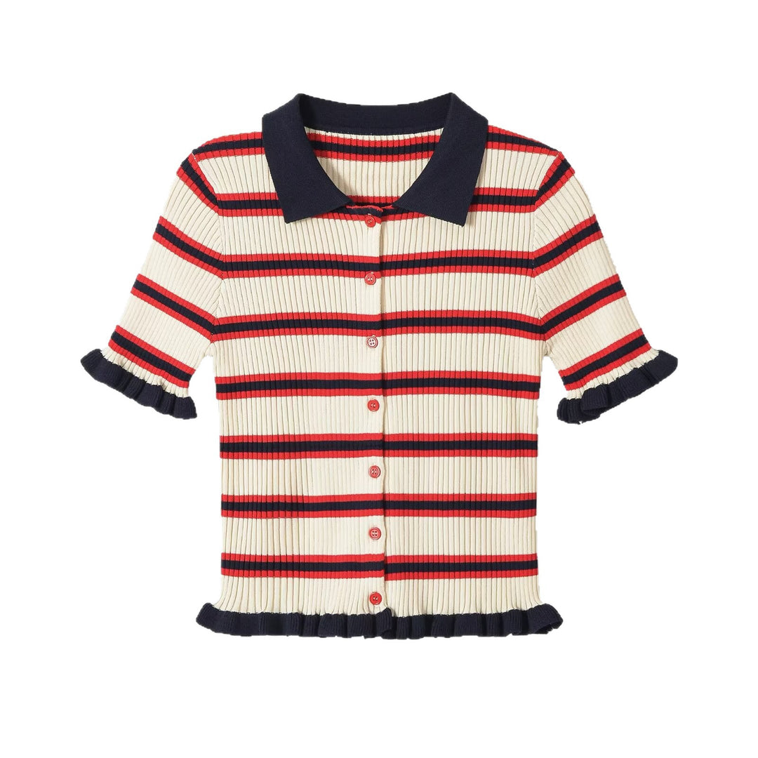 Damen Gerippte Kurzarm-Polokragen-Strickjacke mit Volantbündchen Nord Taschen