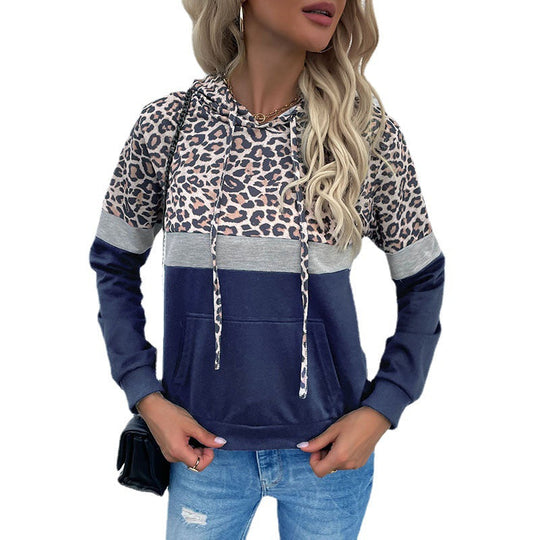 Damen Kapuzenpullover im Blockdesign mit Leopardenmuster, Kängurutasche und Tunnelzug Nord Taschen