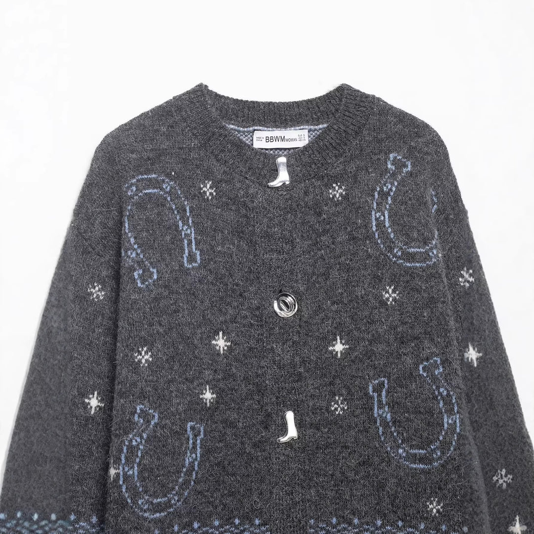 Damen Strickcardigan mit Pferde- und Hufeisen-Jacquard und Zierknöpfen Nord Taschen