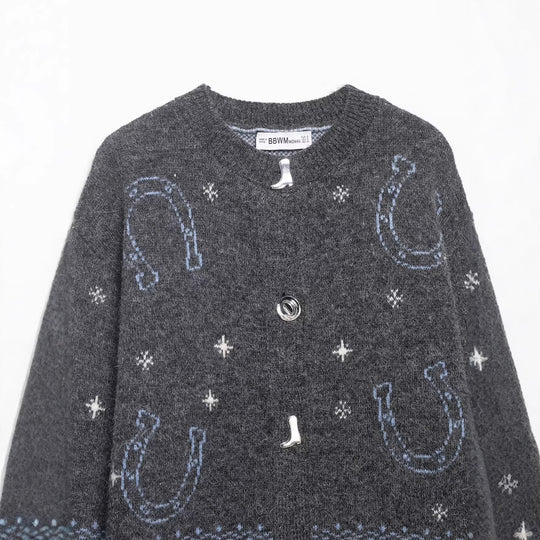 Damen Strickcardigan mit Pferde- und Hufeisen-Jacquard und Zierknöpfen Nord Taschen
