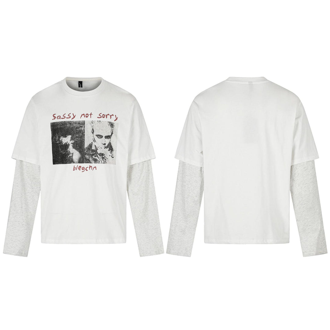 Damen Lagenlook-Longsleeve mit kontrastierenden Ärmel-Einsätzen und Vintage-Print Nord Taschen