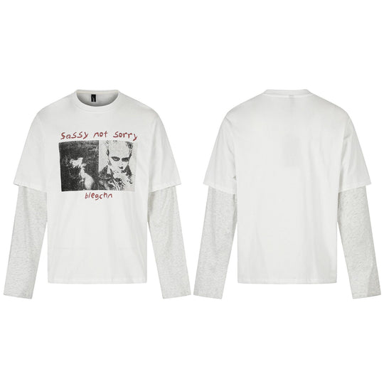 Damen Lagenlook-Longsleeve mit kontrastierenden Ärmel-Einsätzen und Vintage-Print Nord Taschen