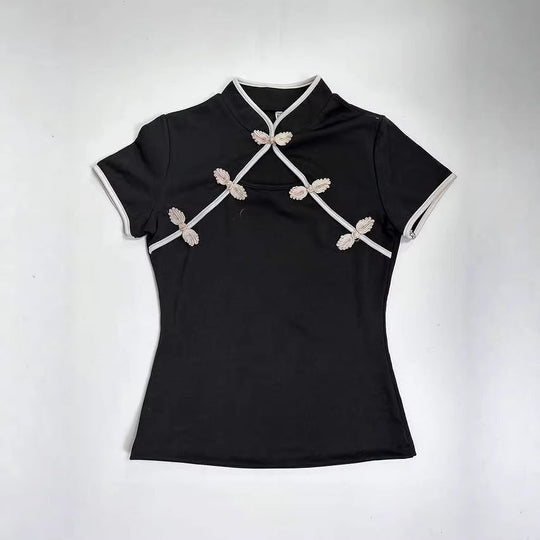 Damen Chinesisch inspirierte Bluse mit modernem Stehkragen und floralen Details
