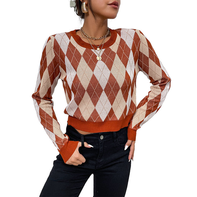 Damen Cropped Strickpullover mit Argyle-Rautenmuster und tailliertem Rippbund Nord Taschen