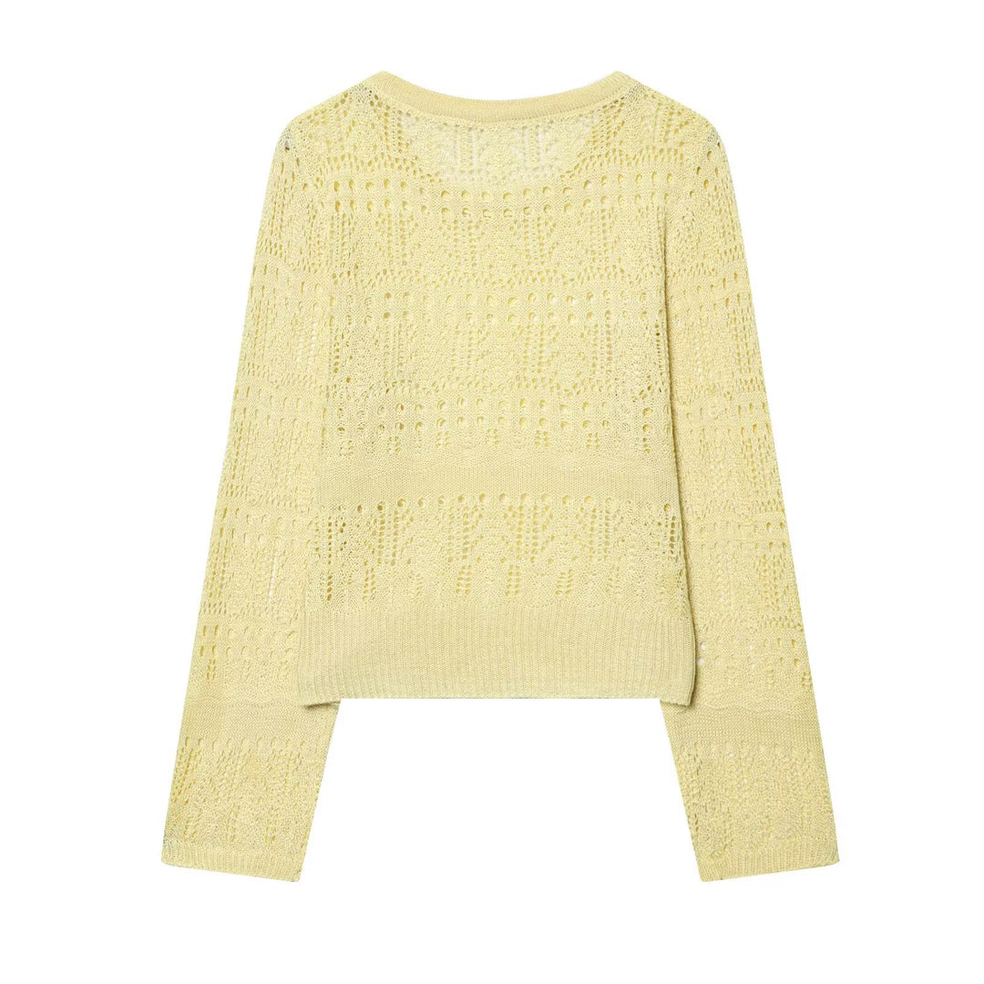 Damen Feinstrick-Openwork-Pullover mit Rundhalsausschnitt und filigranem Lochmuster Nord Taschen
