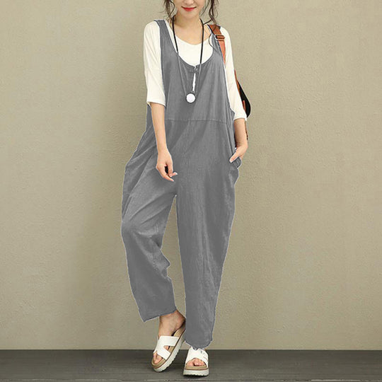 Damen Lässiger Baumwoll-Overall mit weitem Bein und verstellbaren Trägern Nord Taschen