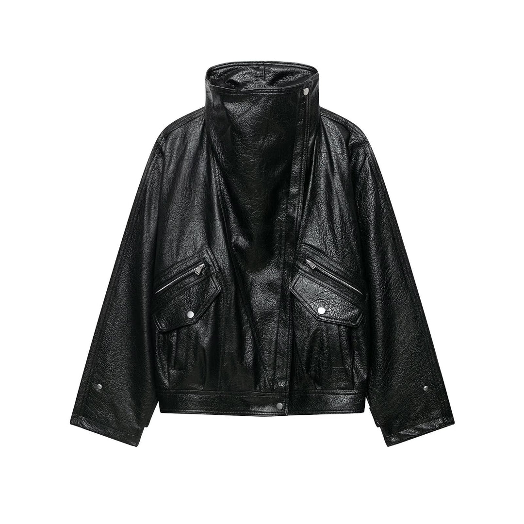 Damen Oversized Kunstlederjacke mit hohem Stehkragen und Zipper-Taschen Nord Taschen