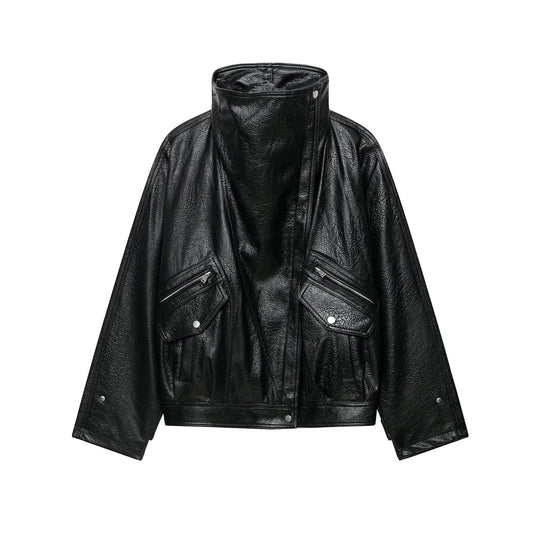 Damen Oversized Kunstlederjacke mit hohem Stehkragen und Zipper-Taschen Nord Taschen
